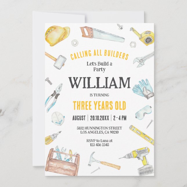 Calling All Builders Kids Boy Birthday Invitation (Front)