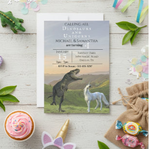 Calling all Dinosaur Unicorns Twin Party Birthday Invitation
