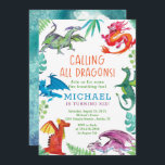 Calling all dragons birthday party invitation<br><div class="desc">Customise this fun birthday party invitation with your party details. It features watercolor dragons and foliage for the perfect dragon birthday party. DON'T FORGET TO INCLUDE THE 'TIME' OF THE PARTY.</div>