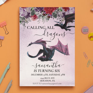 Calling All Dragons Girl's Birthday Purple flower  Invitation