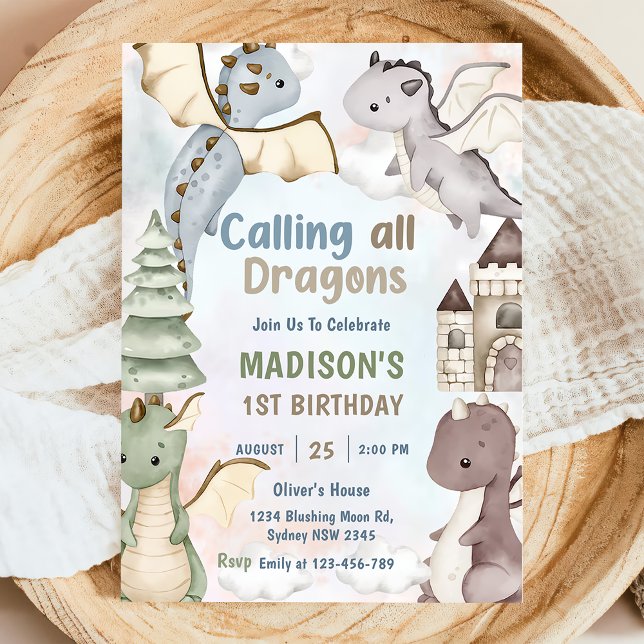 Calling All Dragons Watercolor 1st Birthday  Invitation (Creator Uploaded)