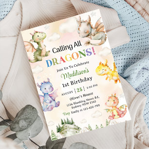 Calling All Dragons Watercolor 1st Birthday Invitation