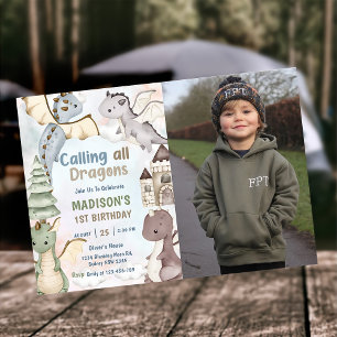 Calling All Dragons Watercolor 1st Birthday Photo Invitation