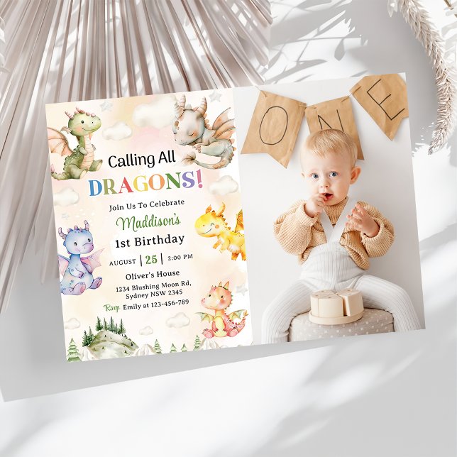 Calling All Dragons Watercolor 1st Birthday Photo  Invitation (Creator Uploaded)