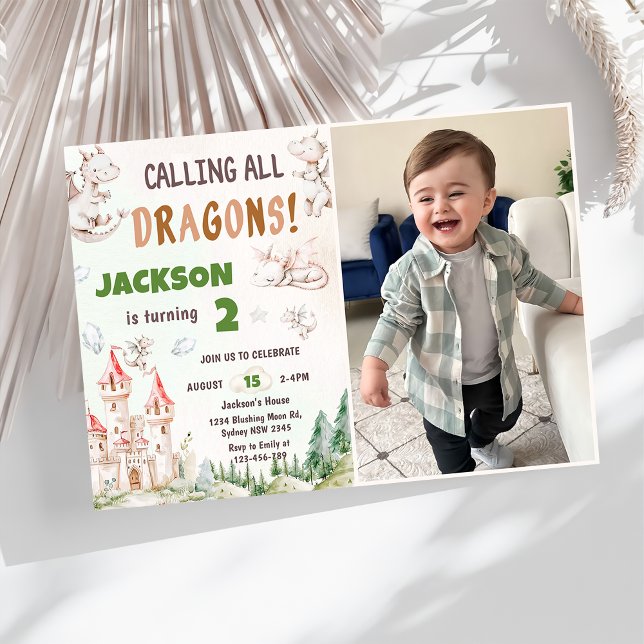 Calling All Dragons Watercolor 2nd Birthday Photo  Invitation (Creator Uploaded)