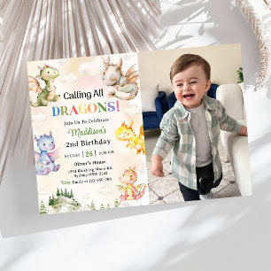 Calling All Dragons Watercolor 2nd Birthday Photo Invitation