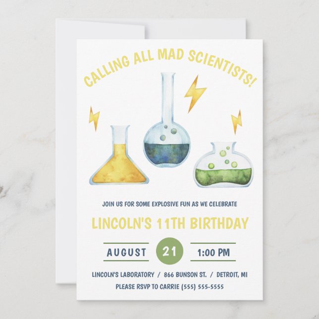 Calling all Mad Scientists! Science Birthday Party Invitation (Front)