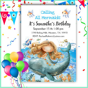 Calling All Mermaids Girl Birthday  Invitation