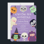 Calling all monster Halloween Birthday party Invitation<br><div class="desc">Cute Spooktacular Costume Kids Halloween Birthday Party Invitation
Cute halloween costume party invitation template card featuring illustration of kids in costumes (bat,  ghost,  and vampire, mummy, monster). The text above says "Join us if you dare for a Spooktacular Halloween Party.</div>