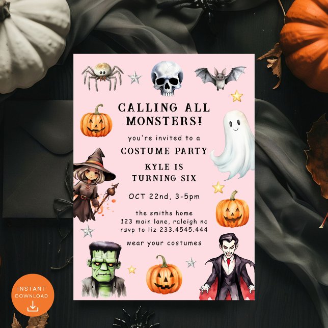 Calling All Monsters Costume Halloween Birthday Invitation (Creator Uploaded)