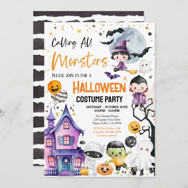 Calling All Monsters Costume Party Kid Children Invitation (Front/Back)