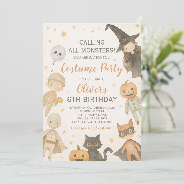 Calling All Monsters Halloween Birthday Invitation (Standing Front)