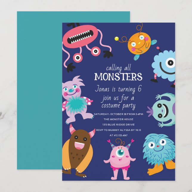 Calling All Monsters Halloween Birthday Invitation (Front/Back)