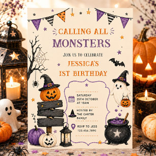 Calling All Monsters Halloween Birthday Party Cute Invitation