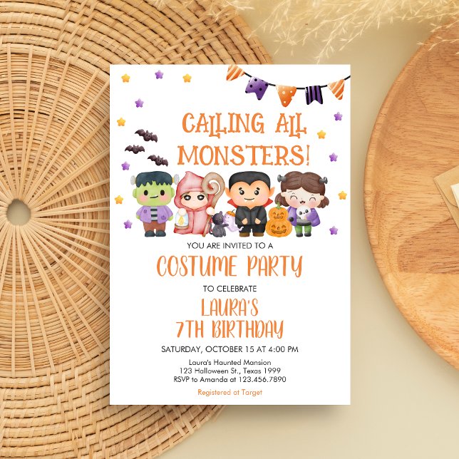 Calling All Monsters Halloween Birthday Party Invitation (Calling All Monsters Spooktacular Halloween Costume Birthday Party Invitation)