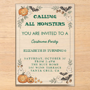 Calling All Monsters Kids Halloween Birthday Costu Acrylic Invitations
