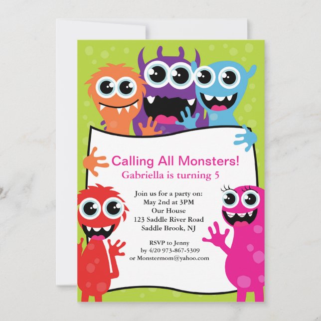 Calling All Monsters Unisex Kids Birthday Invite (Front)