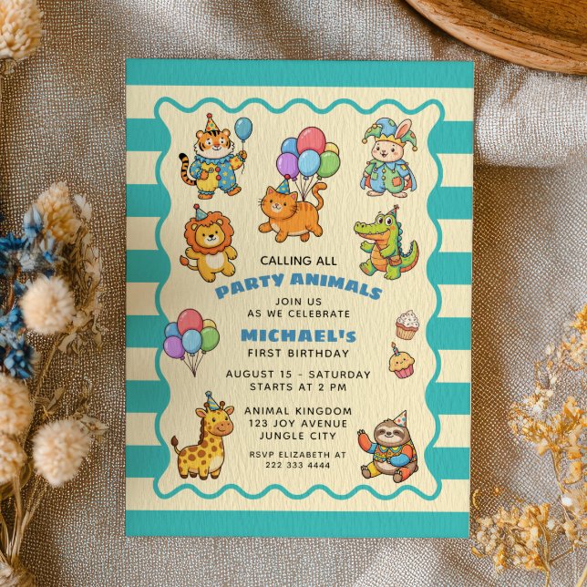 Calling All Party Animals Blue ZOO First Birthday  Invitation (Creator Uploaded)