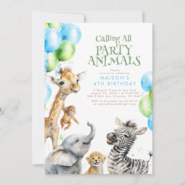 Calling All Party Animals Cute Safari Birthday Invitation (Front)