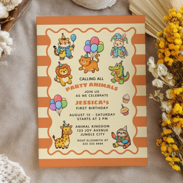 Calling All Party Animals Cute ZOO First Birthday  Invitation (Creator Uploaded)