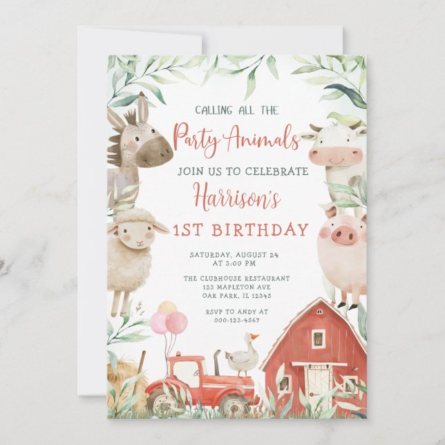 Calling All Party Animals Farm Birthday Invitation (Front)