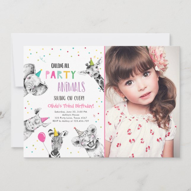 Calling All Party Animals Girl Safari Birthday Inv Invitation (Front)