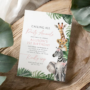 Calling All Party Animals Girl Safari Birthday Invitation