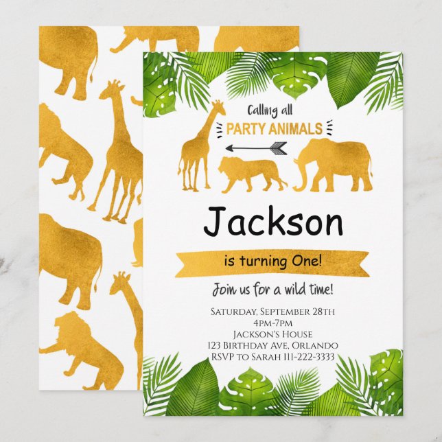 Calling All Party Animals Golden Safari Invite (Front/Back)