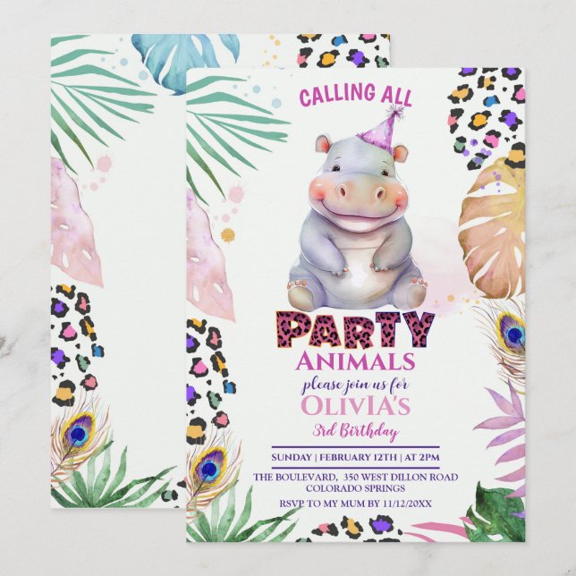 Calling all Party Animals Hippo Birthday Invitatio Invitation (Front/Back)