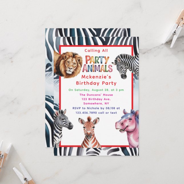Calling All Party Animals Kids' Birthday Party Invitation (Front/Back In Situ)
