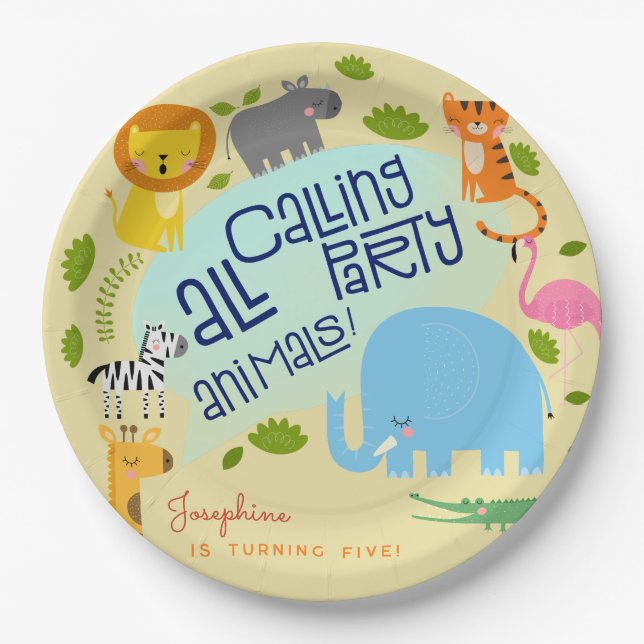 Calling all party animals kids birthday party paper plate (Front)