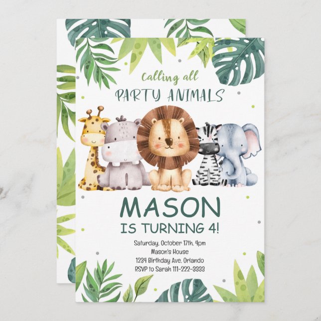 Calling All Party Animals Safari Birthday Invite (Front/Back)