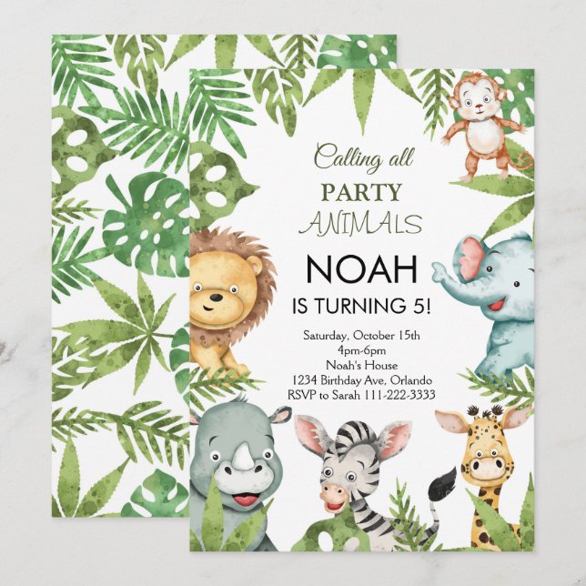 Calling All Party Animals Safari Birthday Invite (Front/Back)