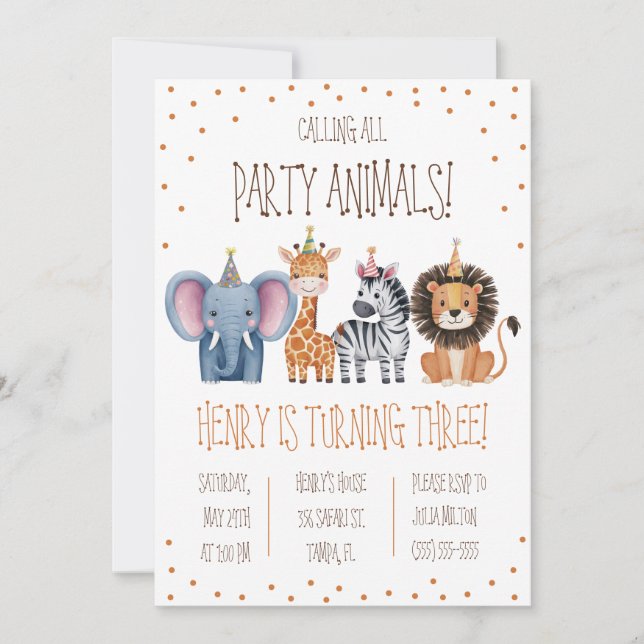 Calling all Party Animals! Themed Birthday Party Invitation (Front)