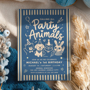 Calling All Party Animals ZOO Blue 1st Birthday  Invitation