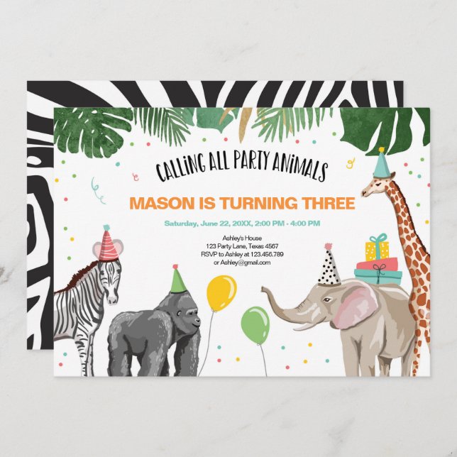 Calling All Party Animals Zoo Wild Boy Birthday Invitation (Front/Back)