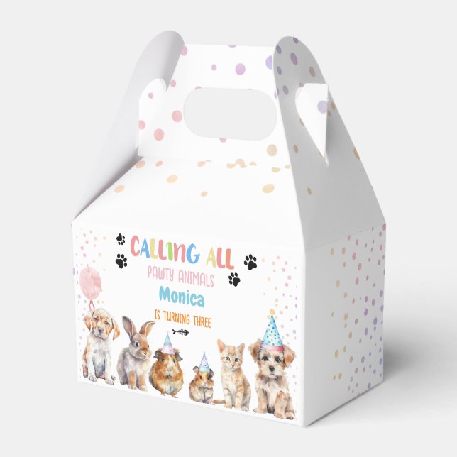 Calling all pawty animals birthday party favour box (Front Side)