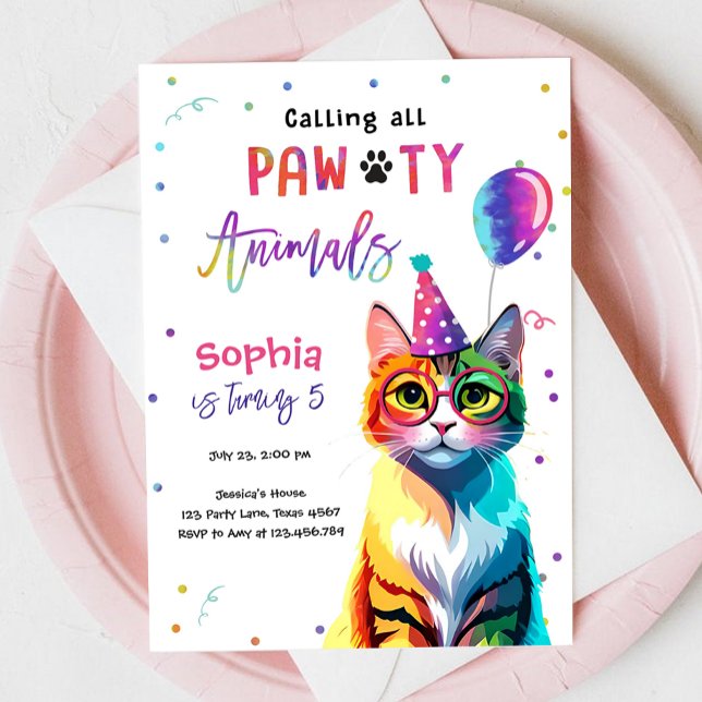 Calling All Pawty Animals Cat Kitten Girl Birthday Invitation (Creator Uploaded)