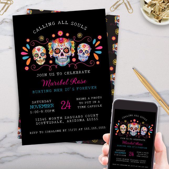 Calling All Souls Mexican Candy Skull Birthday Invitation (Colorful Skull Candy Birthday Party invitation for any age or Dia de los Muertos Day of the Dead)