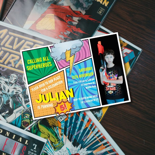 Calling all Superheroes Comic Book 5th Birthday Invitation (Creator Uploaded)