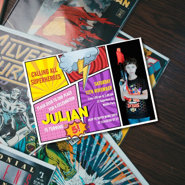 Calling all Superheroes Comic Book 5th Birthday Invitation (Creator Uploaded)