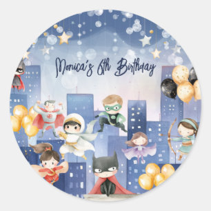 Calling all superheroes kids birthday classic round sticker