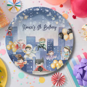 Calling all superheroes kids birthday paper plate