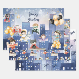Calling all superheroes kids birthday wrapping paper sheet