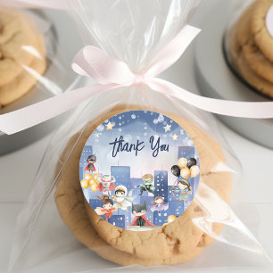 Calling all superheroes kids thank you classic round sticker