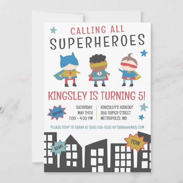 Calling all Superheroes!  Superhero Birthday Party Invitation (Front)