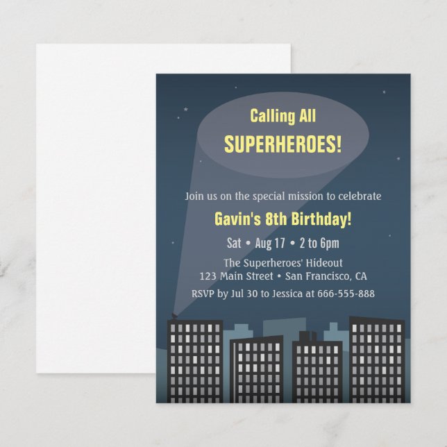 Calling All Superheroes Themed Birthday Party Invitation (Front/Back)