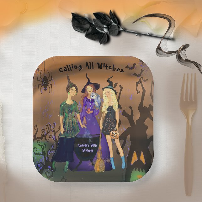 Calling All Witches Halloween Birthday Invitation Paper Plate (Calling All Witches Halloween Birthday Invitation Paper Plates)