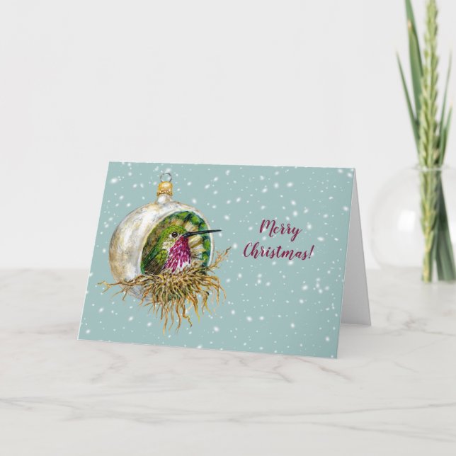 Calliope hummingbird nesting in vintage ornament card (Front)