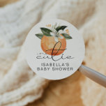 CALLIOPE Little Cutie Clementine Baby Shower Classic Round Sticker<br><div class="desc">This round favour sticker features a cute watercolor clementine with sweet white watercolor orange blossom florals and a fun handwritten font with the saying,  "little cutie" This sticker is the perfect addition to your gender neutral citrus fruit themed baby shower or gender reveal party.</div>